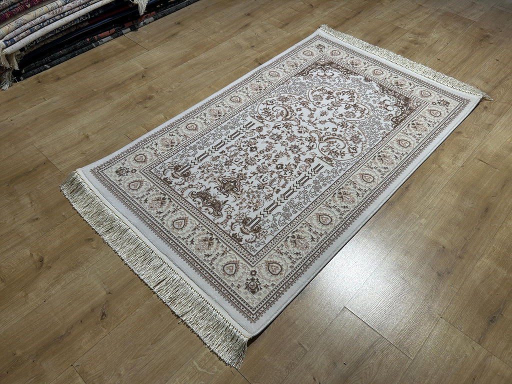 2.55x4.10 Ft Ivory Beige Brown Silk Prayer Rug, Muslim Gift Prayer Mat