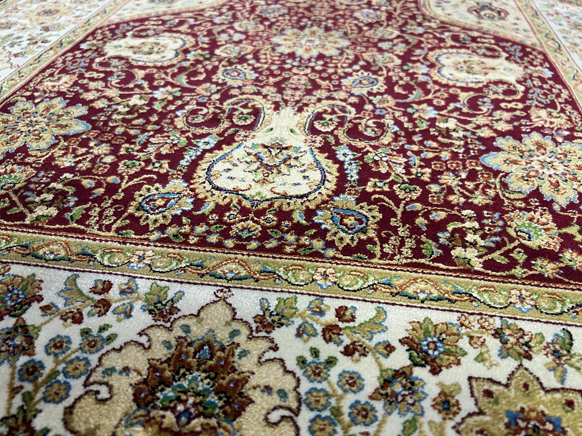 Red Modal Silk Prayer Rug, Janamaz Mat, Muslim Gift (2.62X4.10)