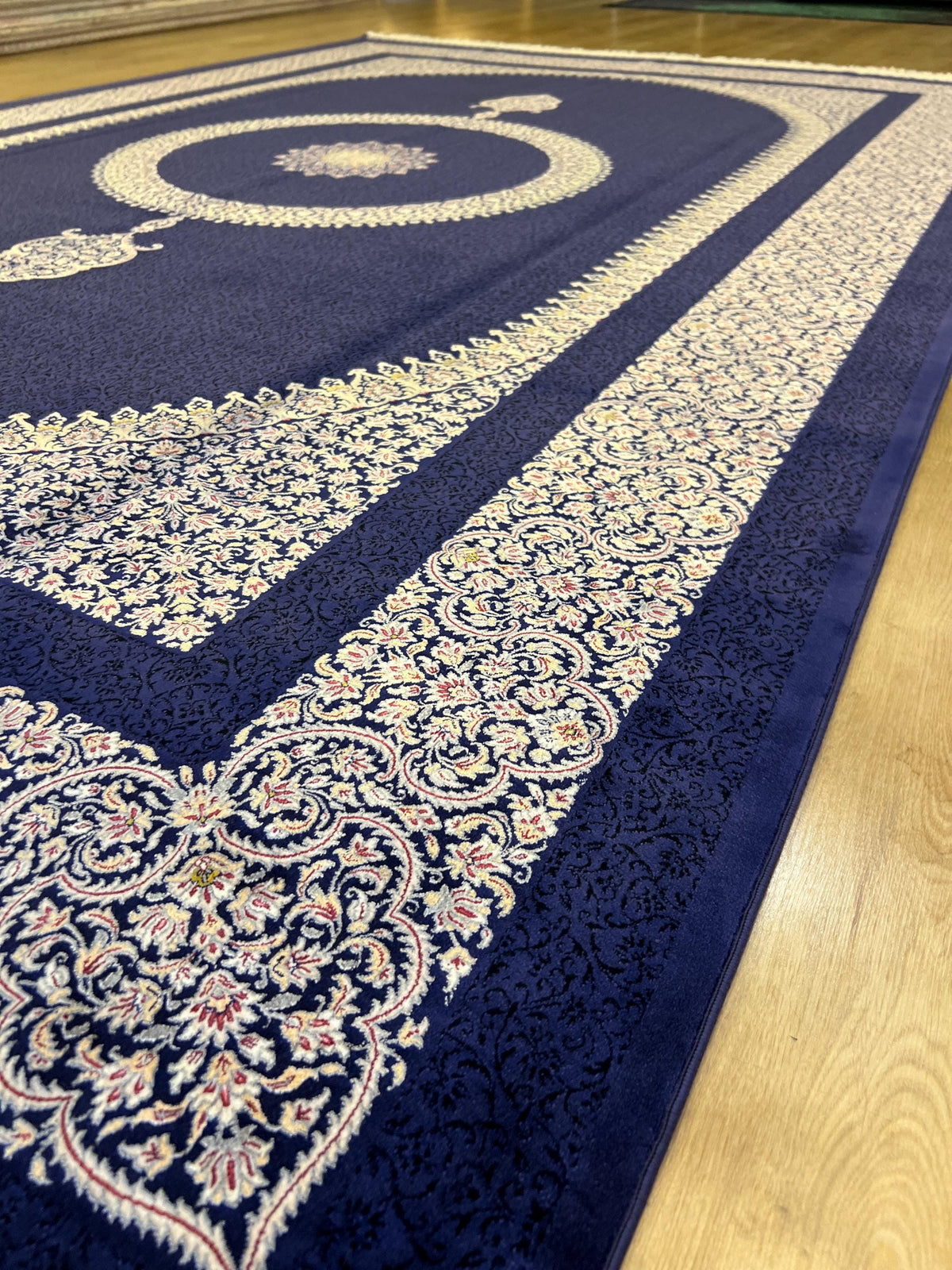 7x10 ft Navy Silk Rug with Grey Medallion and Border, Classic Luxury Home Decor