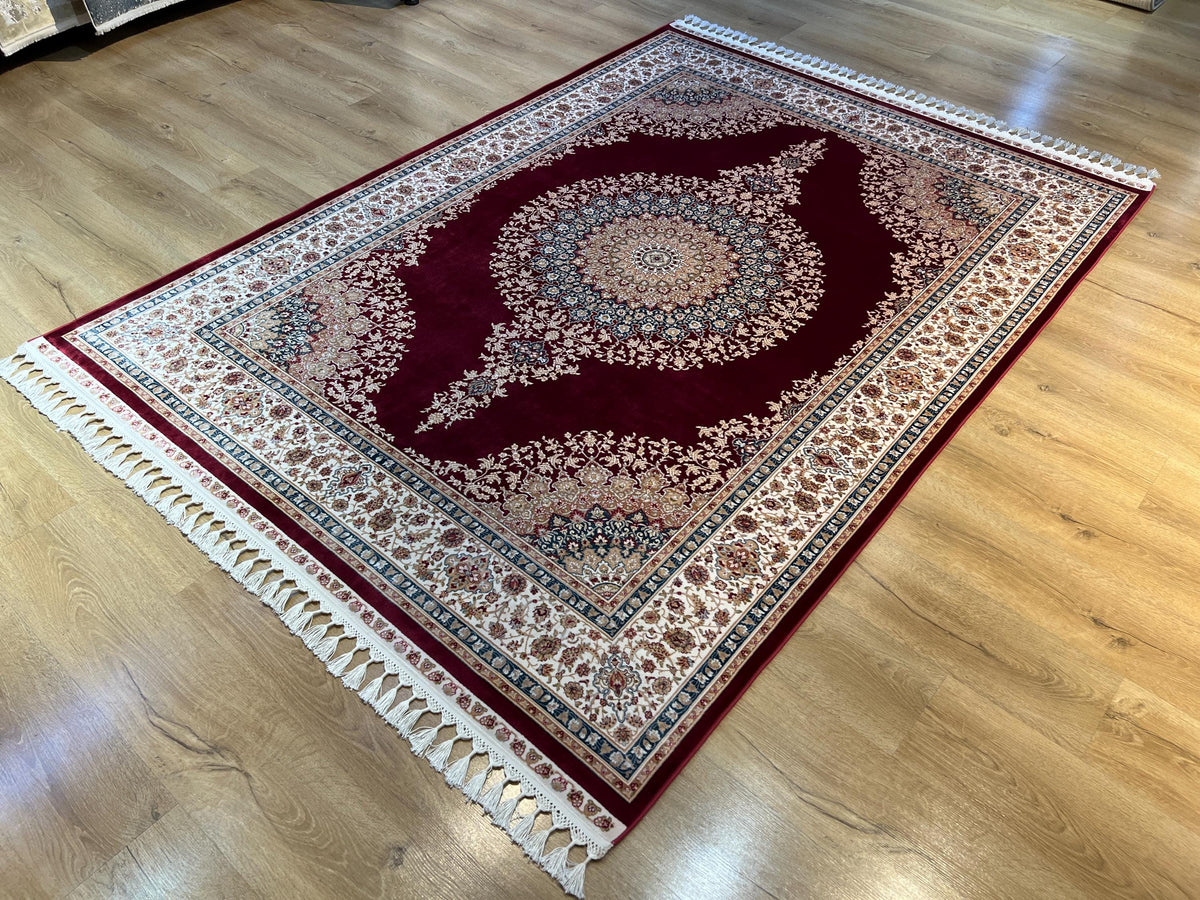 5x8 ft Red Silk Rug, Blue Gold Medallion, Classic Turkish Carpet, Luxury Rug