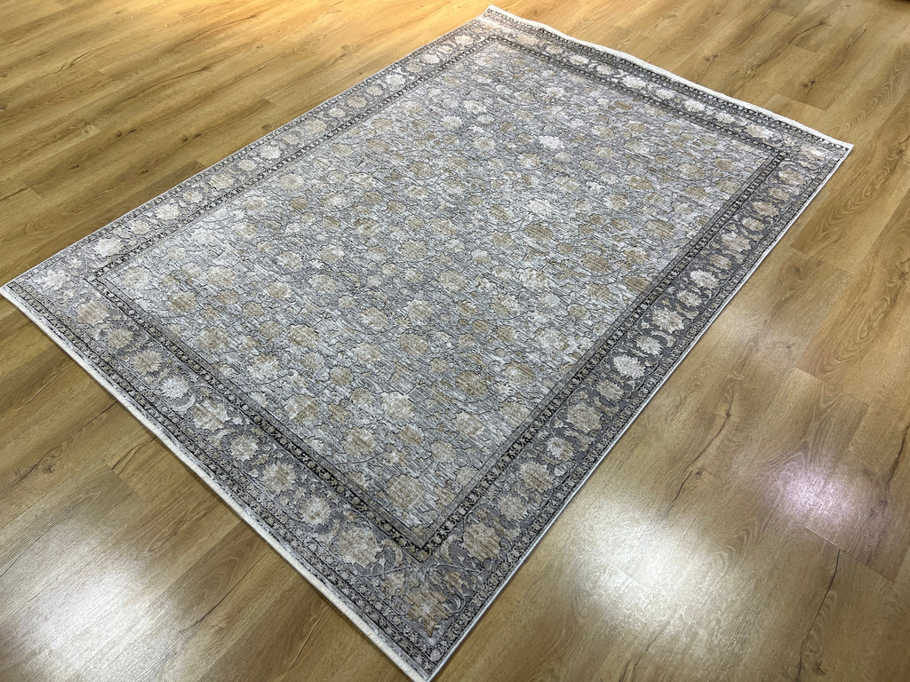 Gray Bamboo Rug, Turkish Floral Carpet, 5x8 ft