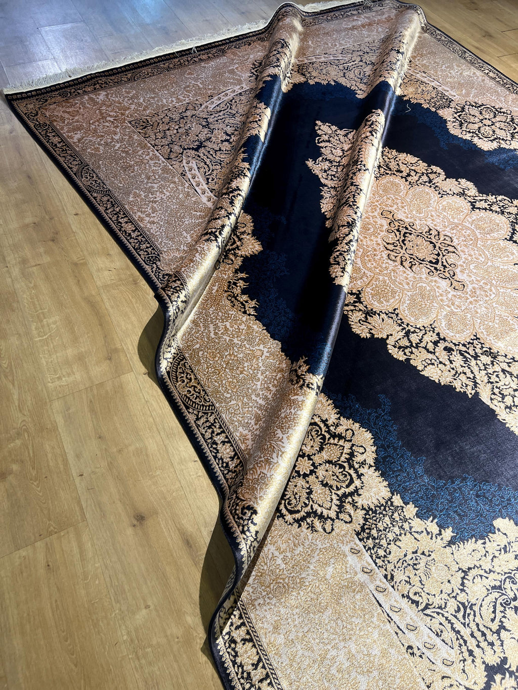7x10 ft Navy Silk Rug, Gold Medallion and Border, Luxury Turkish Style