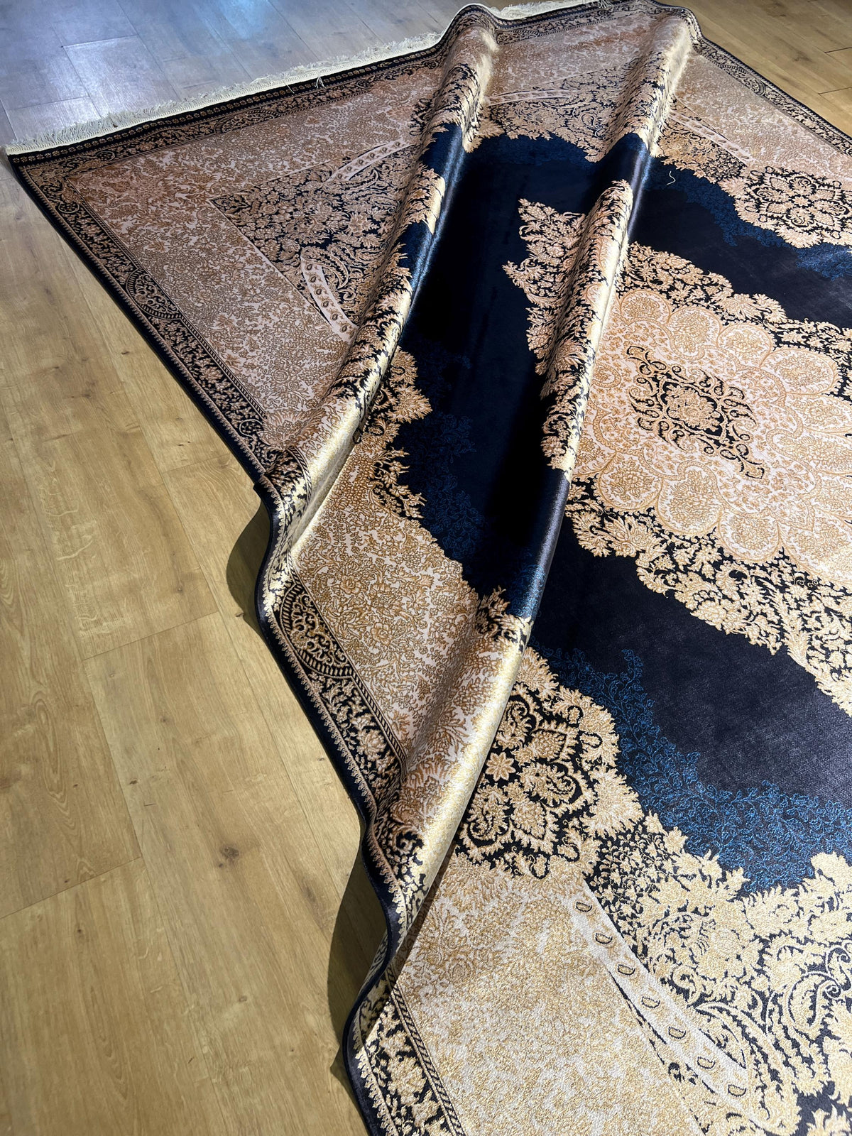 7x10 ft Navy Silk Rug, Gold Medallion and Border, Luxury Turkish Style