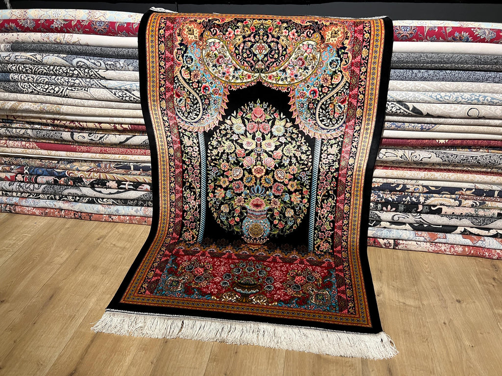 Black Small Silk Rug, Vase Pattern Wall Decor Mat, Floral Tapestry