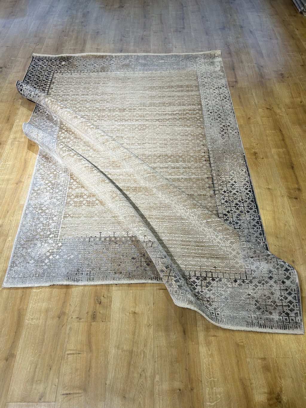 Gray Gold Geometric Bamboo Rug with Ethnic Modern Patterns