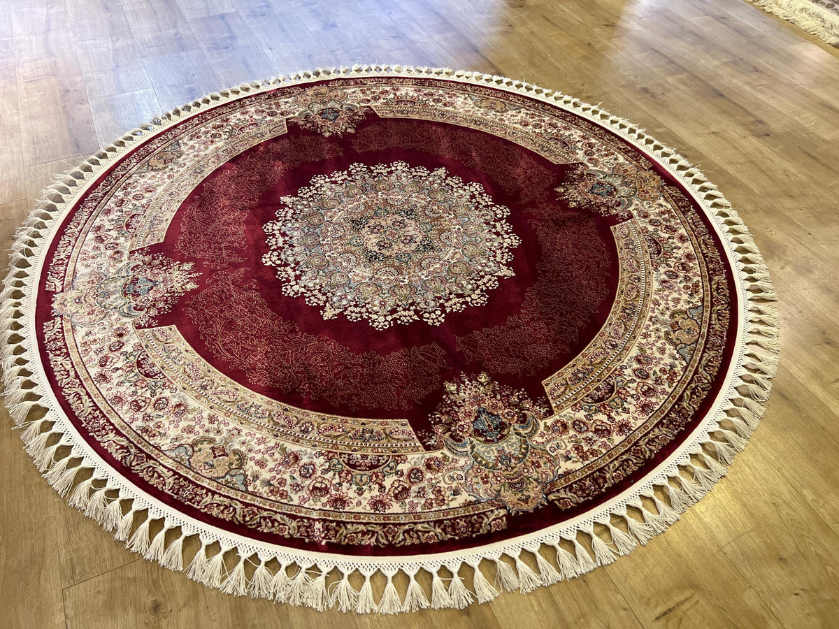 Round Silk Rug, Red Classic Turkish Carpet, Floral Medallion