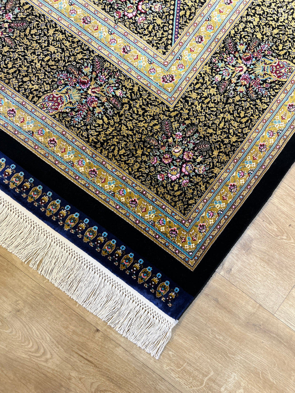 Black Gold Modal Silk Rug 7x10 ft, Turkish Style Medallion Carpet