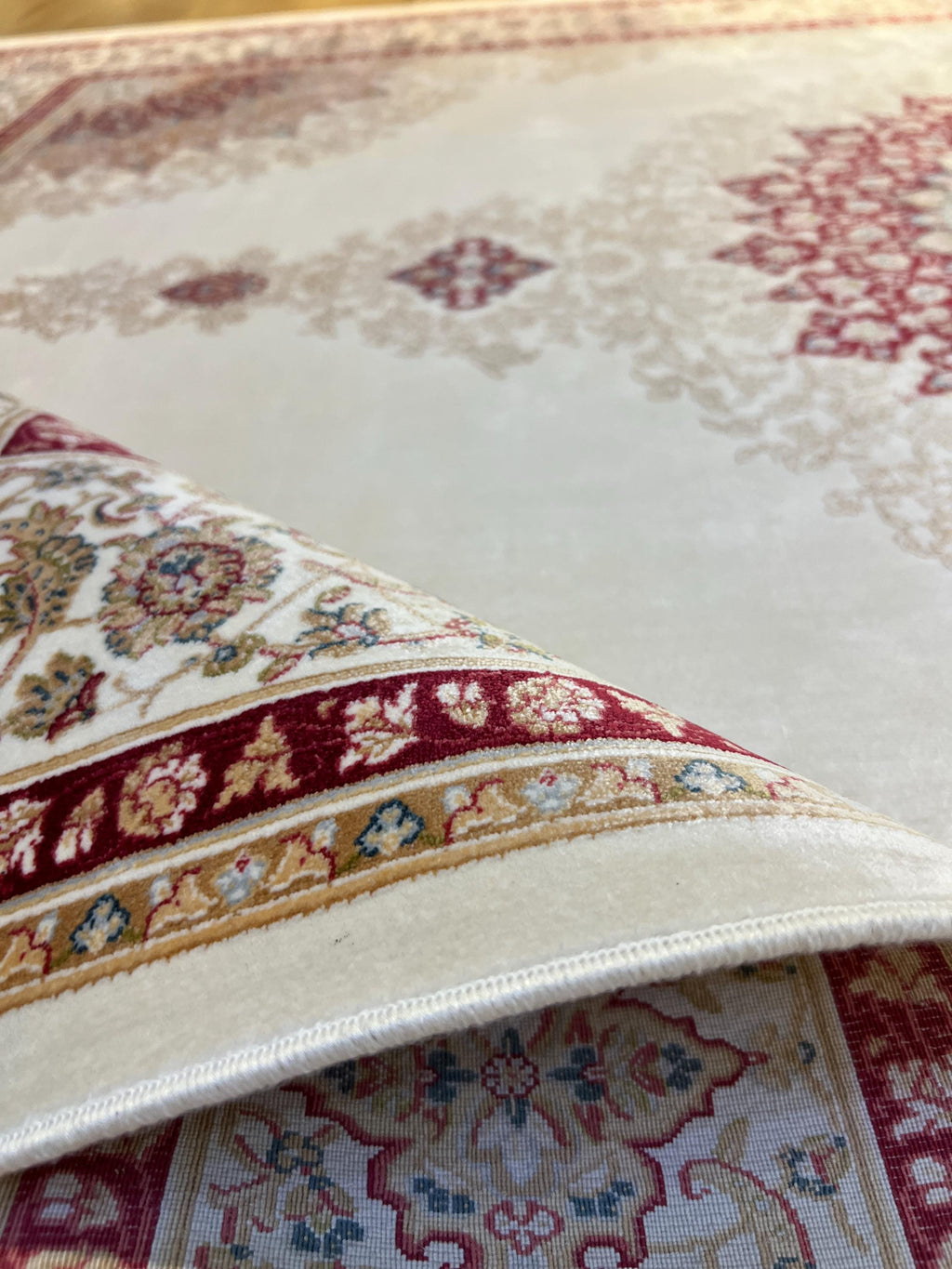 5x8 ft Ivory Bamboo Silk Rug, Red Medallion Classic Turkish Carpet