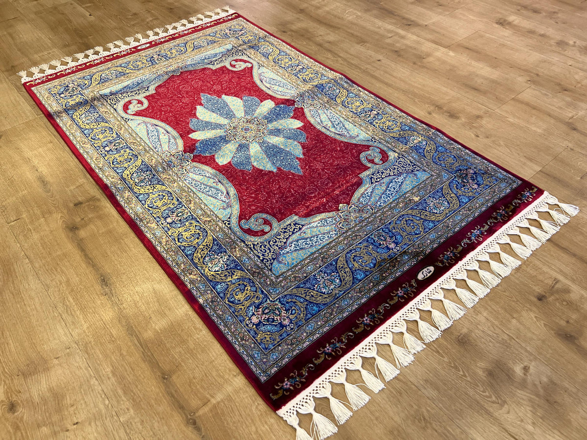Red Silk Rug with Blue Medallion Pattern, Small Silk Carpet
