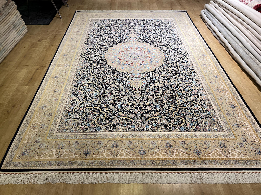 7x10ft Dark Blue Floral Silk Rug, Classic Medallion Oriental Area Rug, Living Room Carpet