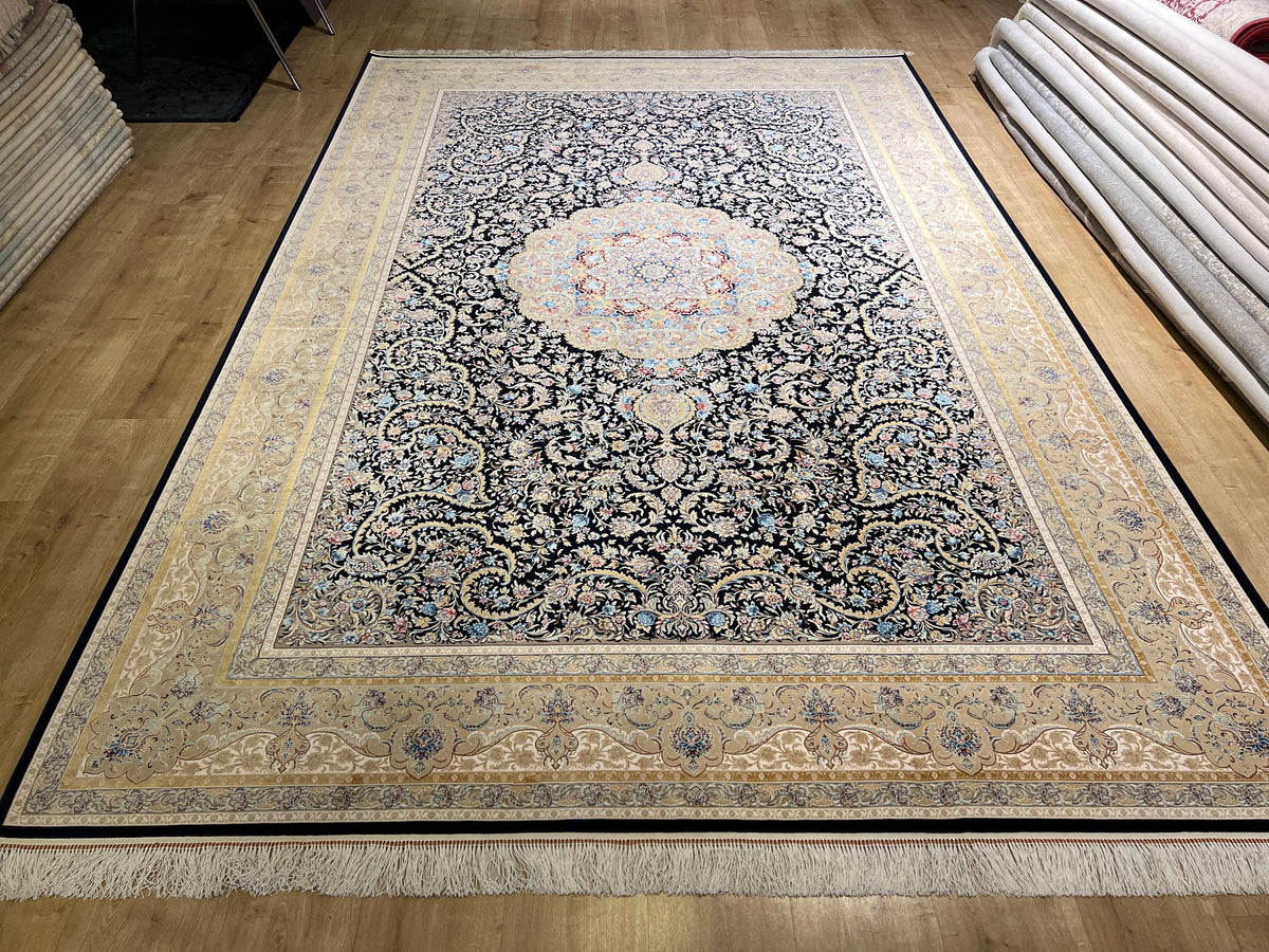 7x10ft Dark Blue Floral Silk Rug, Classic Medallion Oriental Area Rug, Living Room Carpet