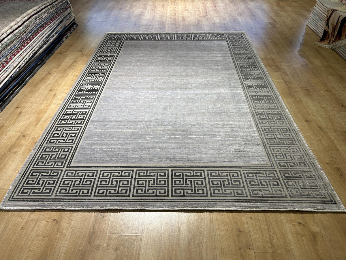7x10 ft Gray Bamboo Rug, Bordered Minimalist Modern Rug