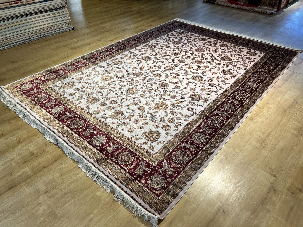 8x11 ft Ivory Silk Bamboo Rug with Red Border and Gold Pattern, Classic Design