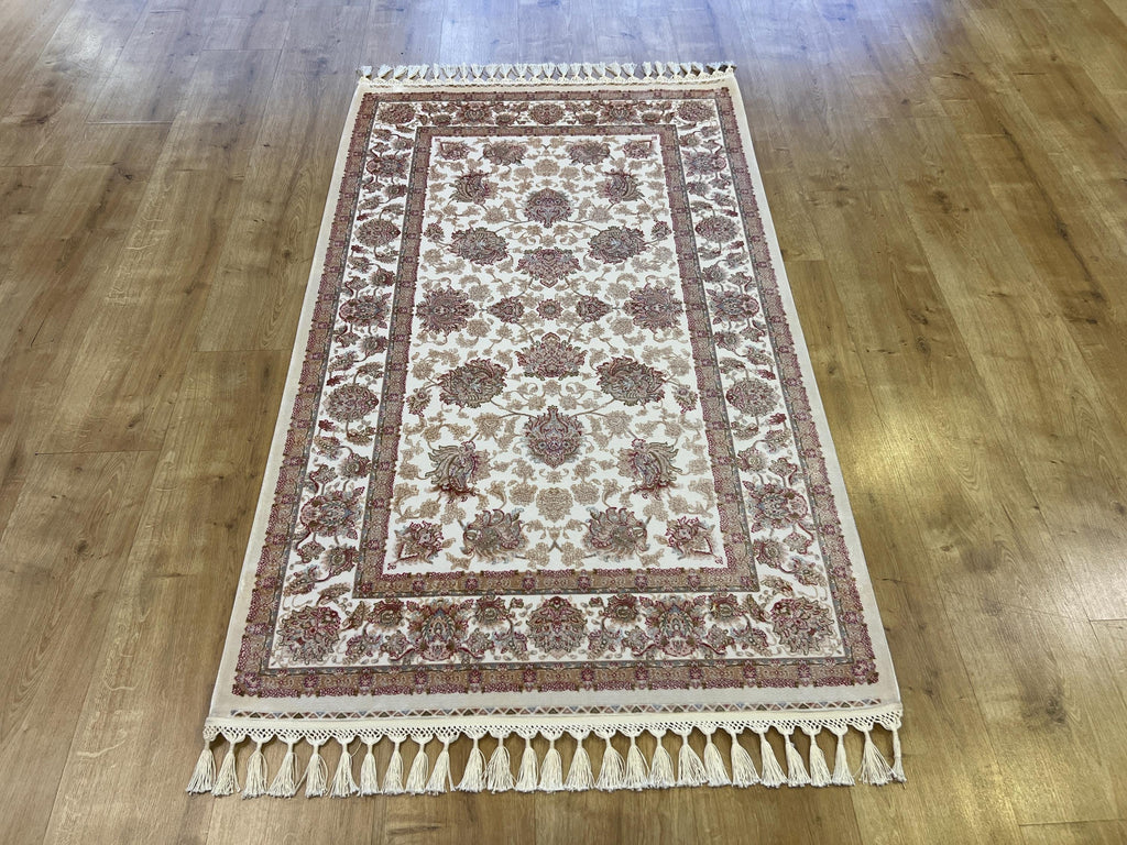 Ivory Silk Bamboo Rug with Gold Pattern and Framed Border, 3x5 ft, Classic Rug