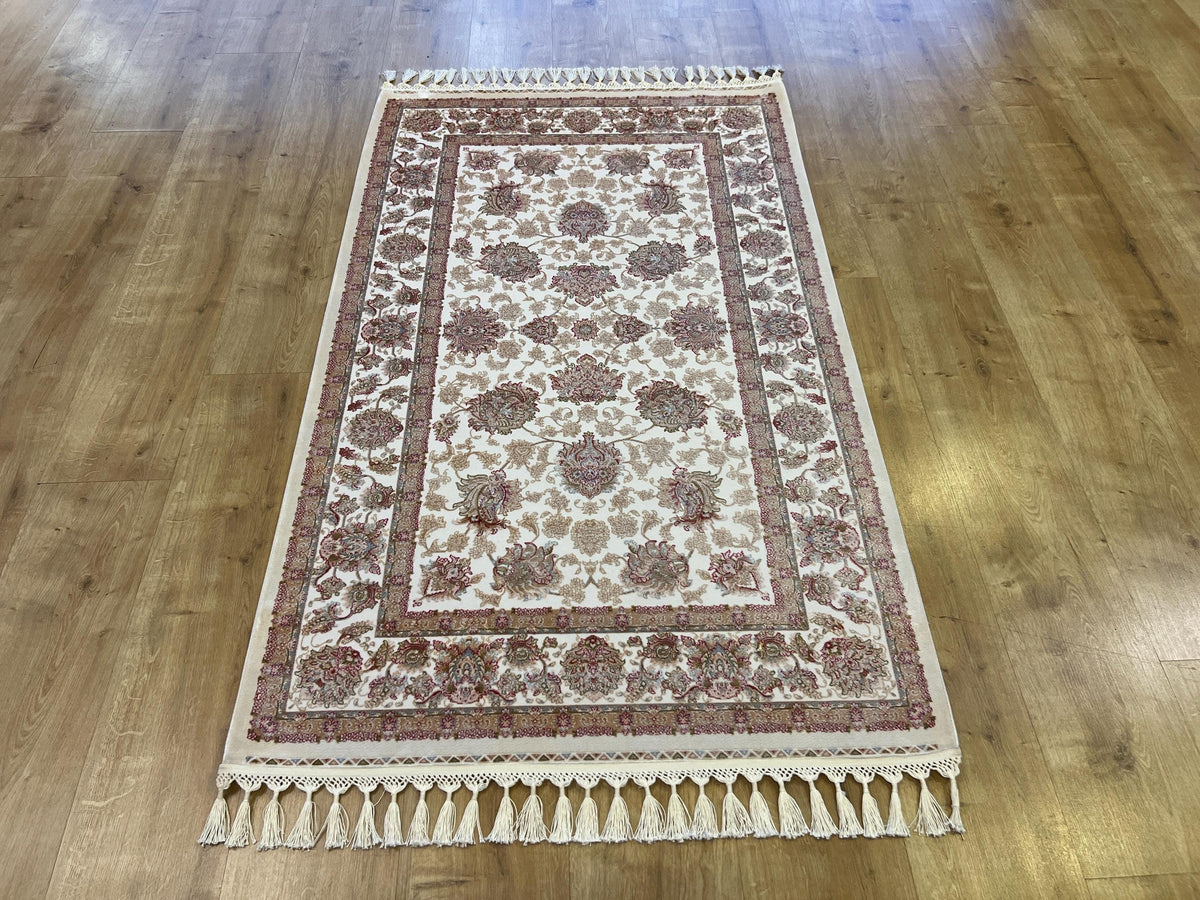 Ivory Silk Bamboo Rug with Gold Pattern and Framed Border, 3x5 ft, Classic Rug
