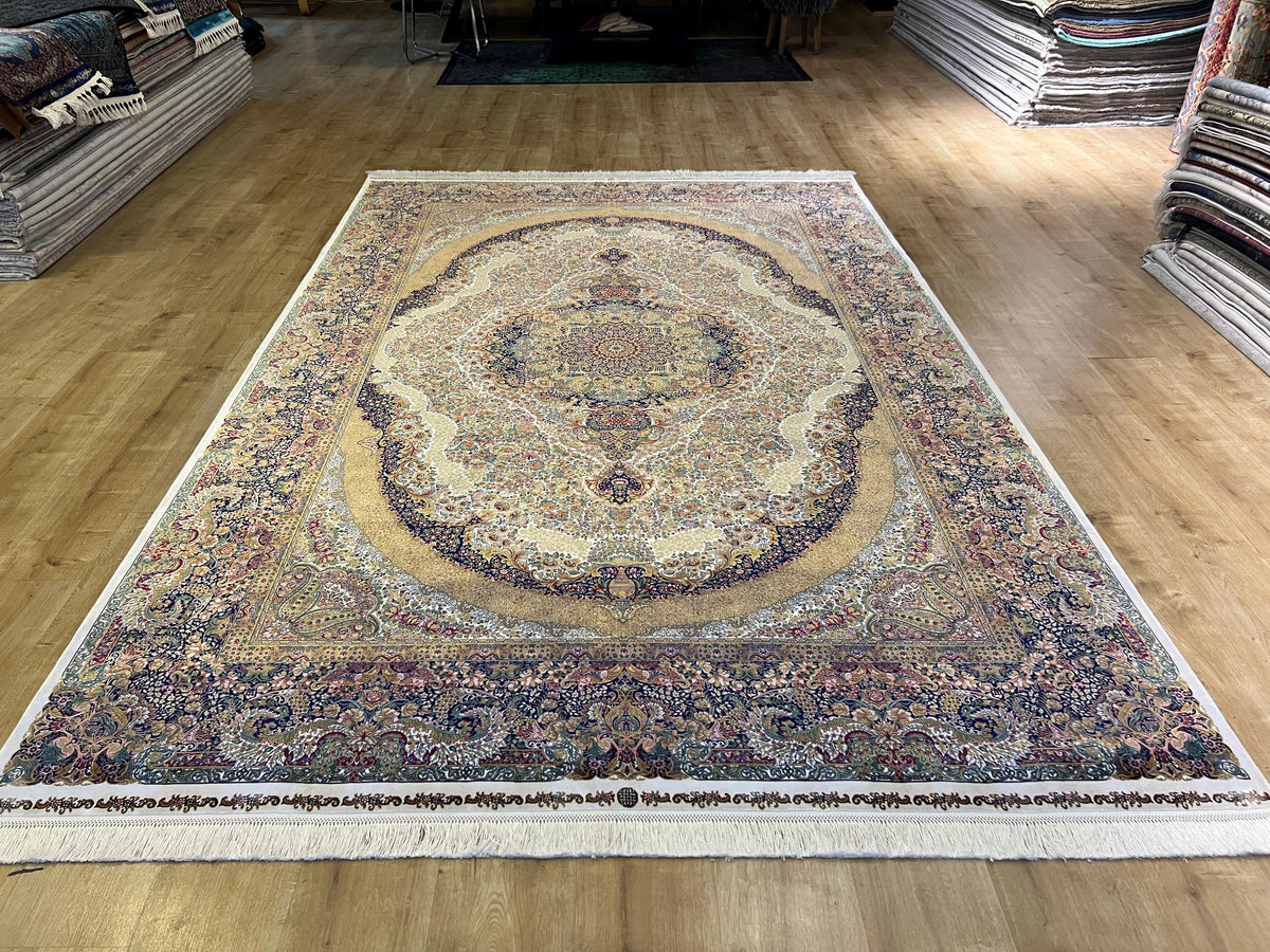 7x10 ft Ivory Silk Rug with Colourful Floral Medallion, Classic Luxury Carpet