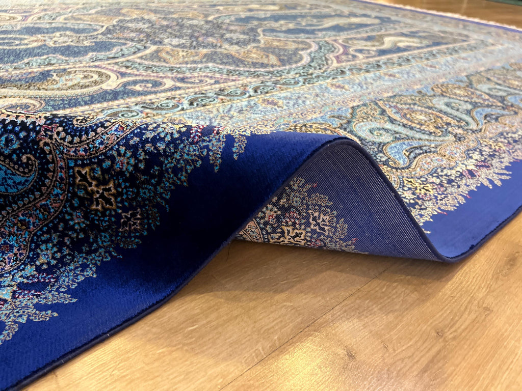 Modal Silk Rug, Dark Blue Gold Medallion Design, Luxury Turkish Carpet, Home Decor