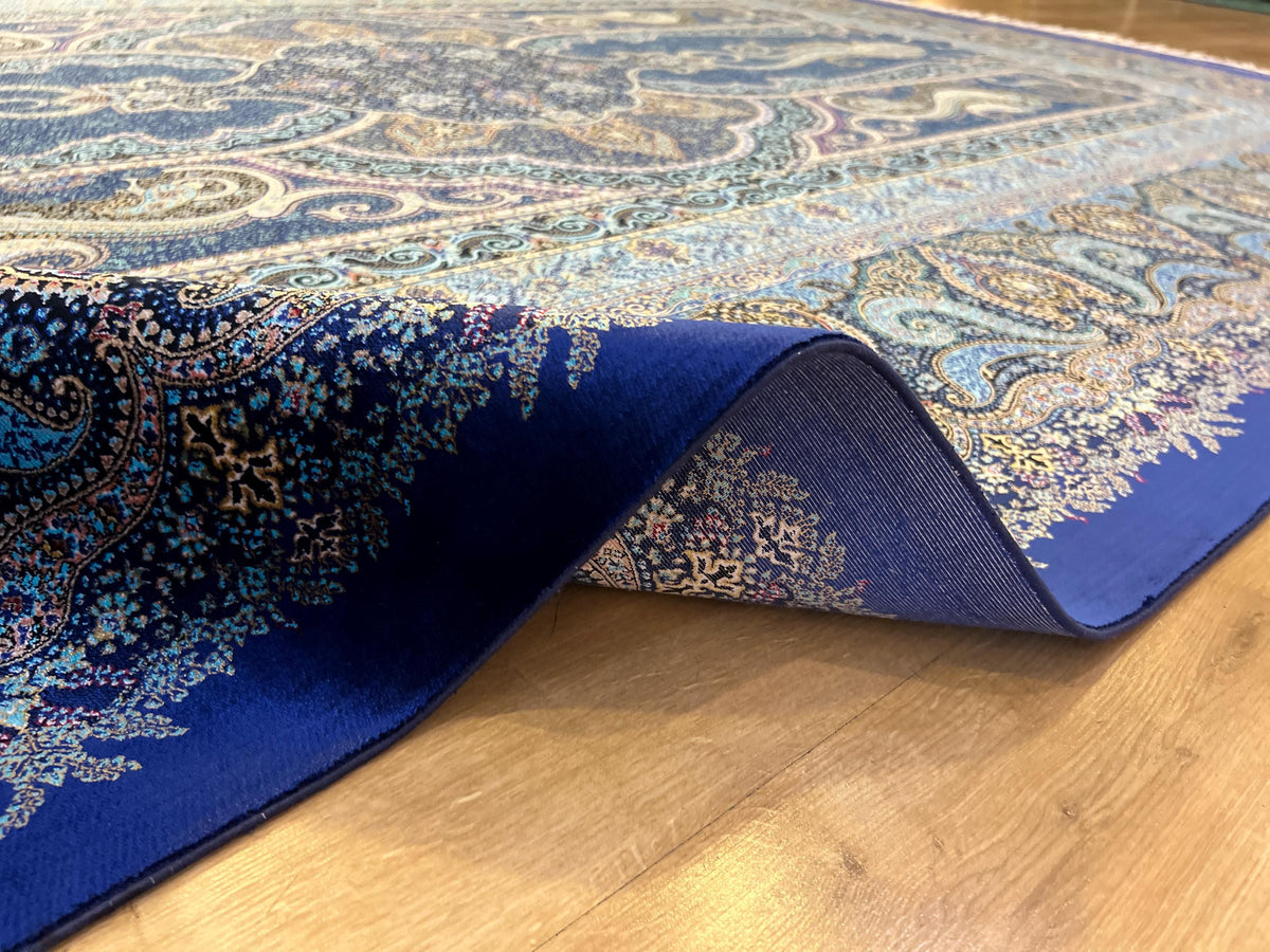 Modal Silk Rug, Dark Blue Gold Medallion Design, Luxury Turkish Carpet, Home Decor