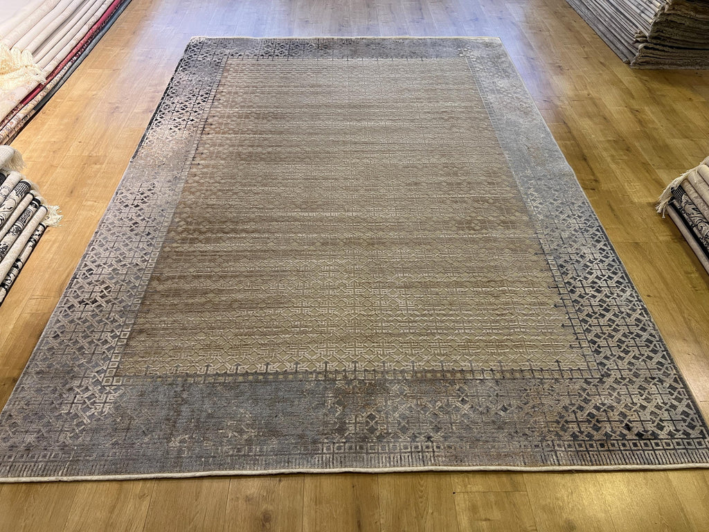 7x10 ft Gray Gold Geometric Bamboo Rug with Ethnic Modern Patterns