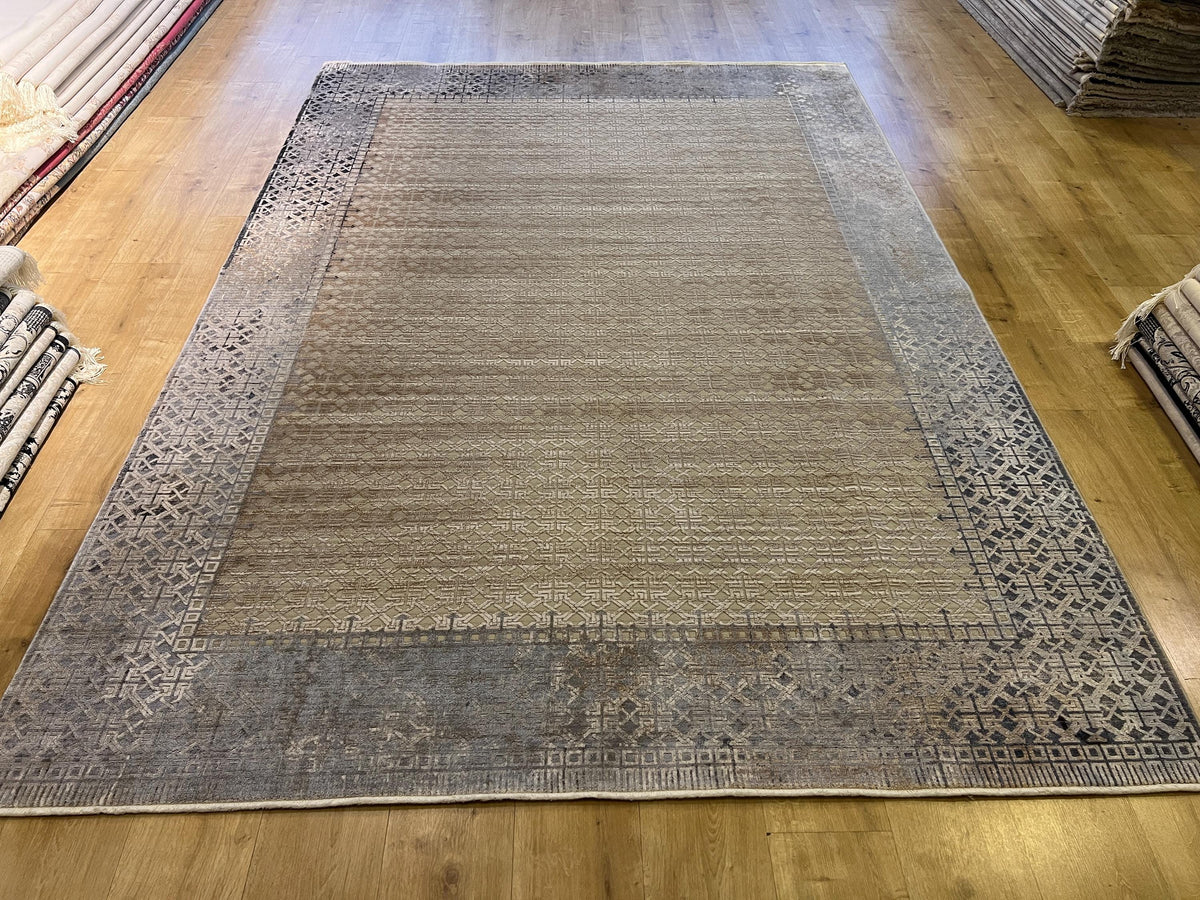 7x10 ft Gray Gold Geometric Bamboo Rug with Ethnic Modern Patterns