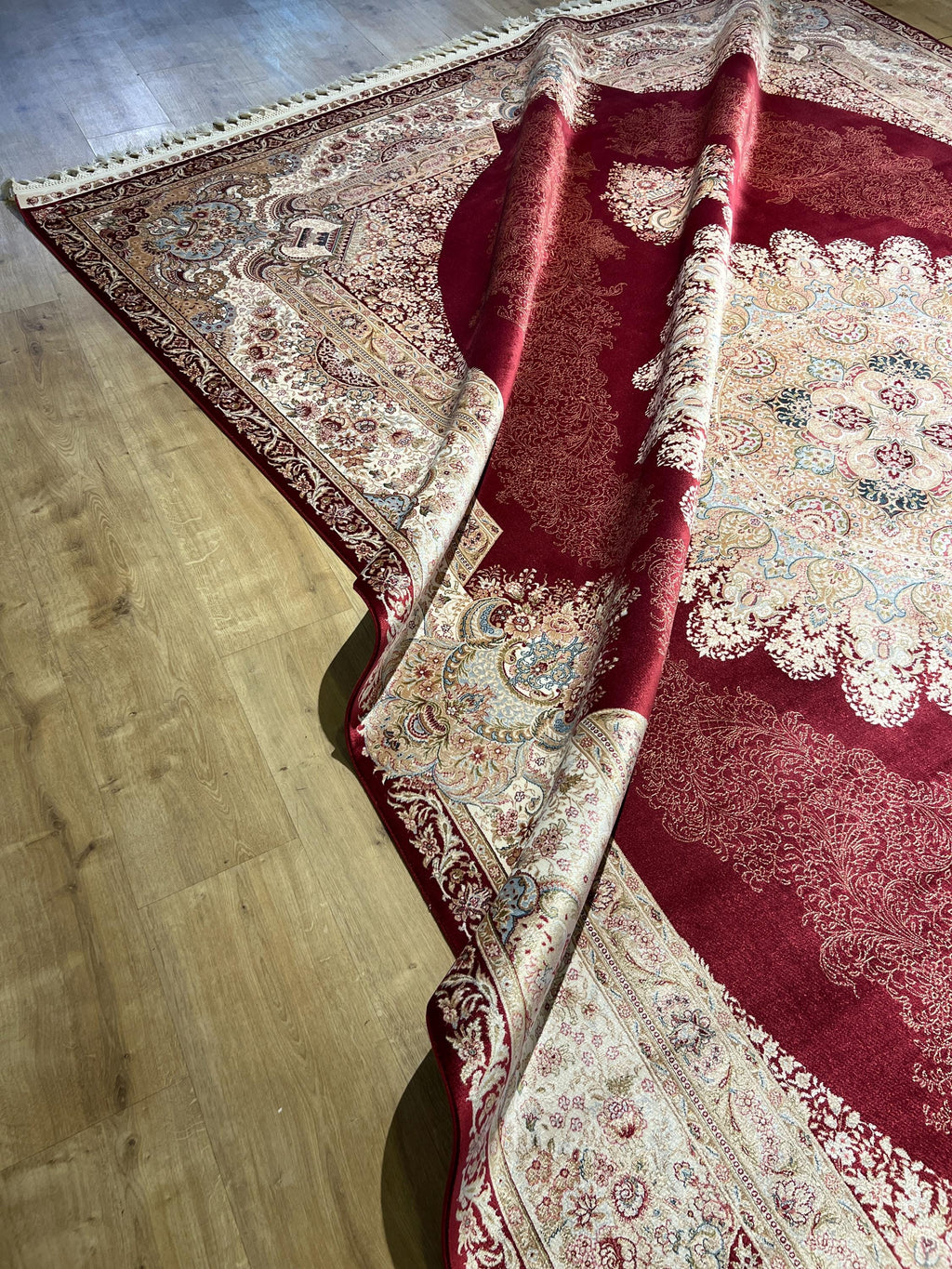 8x11 ft Bamboo Silk Rug, Large Luxury Area Rug with Red Medallion Design