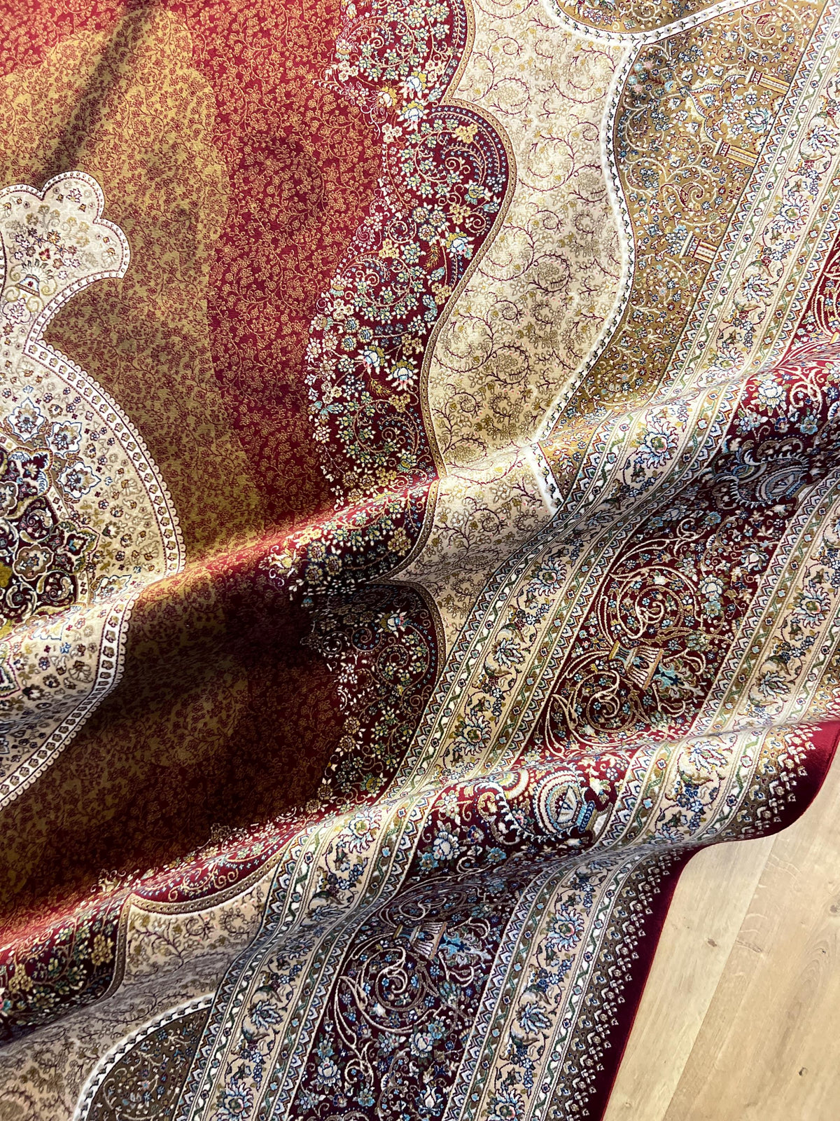 7x10 ft Red Modal Silk Rug, Ornate Medallion Floral Pattern, Luxury Turkish Large Carpet