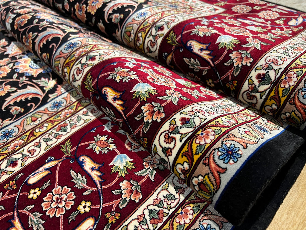 7x10 Ft Black Traditional Silk Rug With Red Border, Floral Classic Design