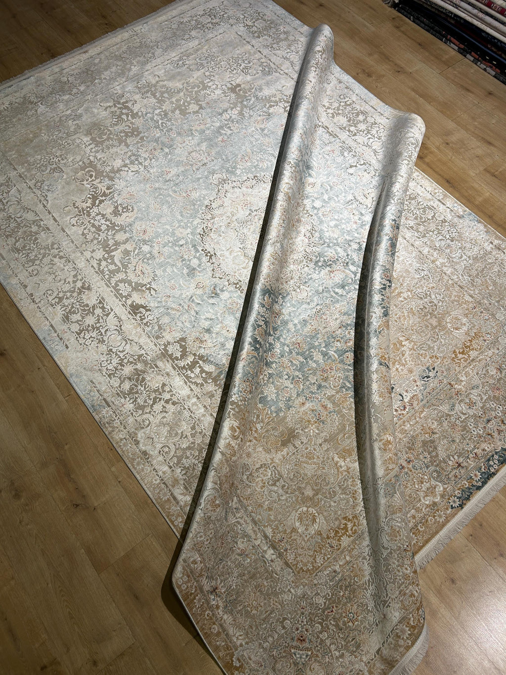 Beige Blue Silk Rug, Medallion Design Classic Silk Carpet