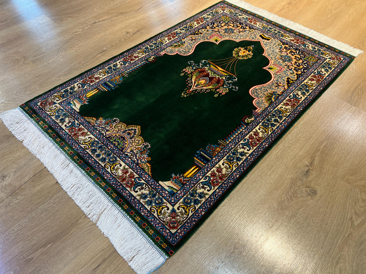 Green Modal Silk Prayer Rug, Luxury Muslim Gift Mat (2.62X4.10 ft) Janamaz Mat