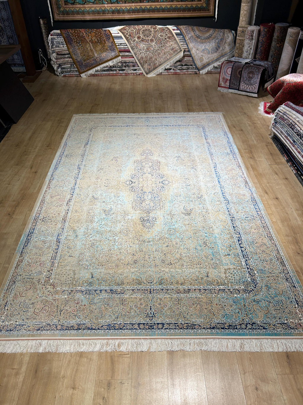 Beige Blue Silk Rug, Classic Silk Carpet with Distressed Pattern