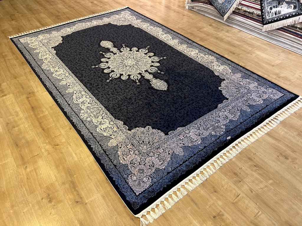 7x10 ft Navy Silk Rug, Classic Medallion Design, Luxury Turkish Carpet