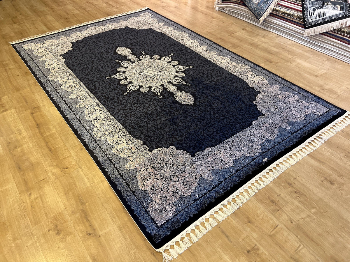 7x10 ft Navy Silk Rug, Classic Medallion Design, Luxury Turkish Carpet