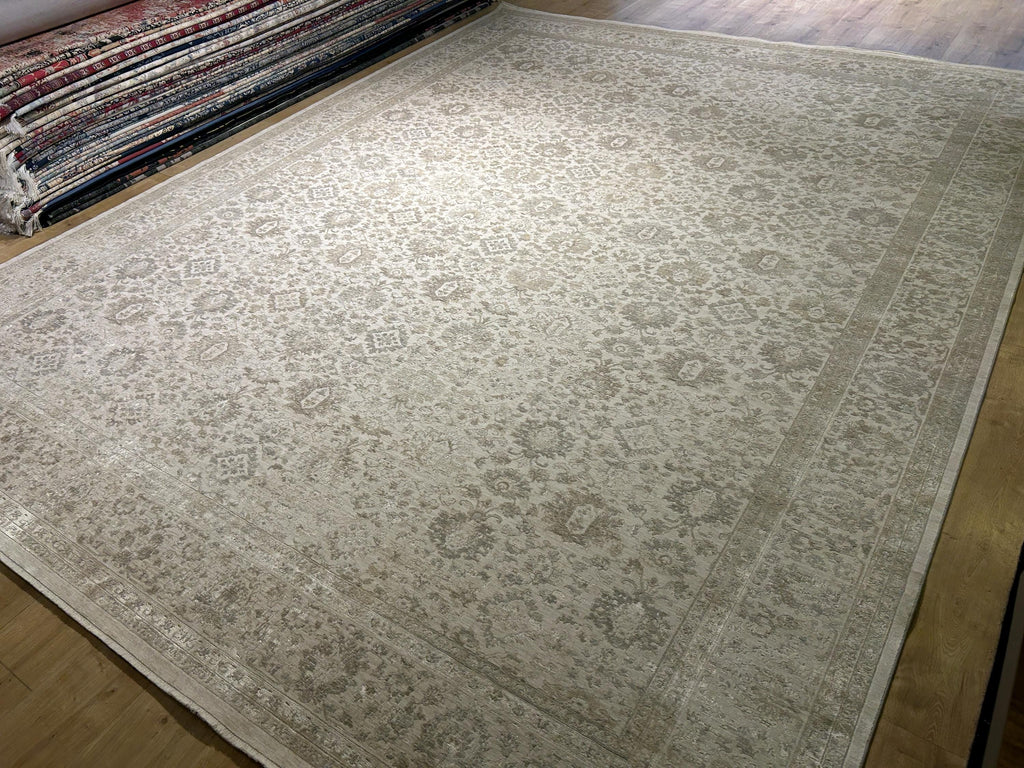 10x13 ft Gray Beige Floral Bamboo Rug with Ethnic Modern Patterns, Big Size Rug