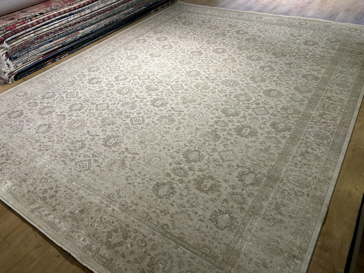 10x13 ft Gray Beige Floral Bamboo Rug with Ethnic Modern Patterns, Big Size Rug