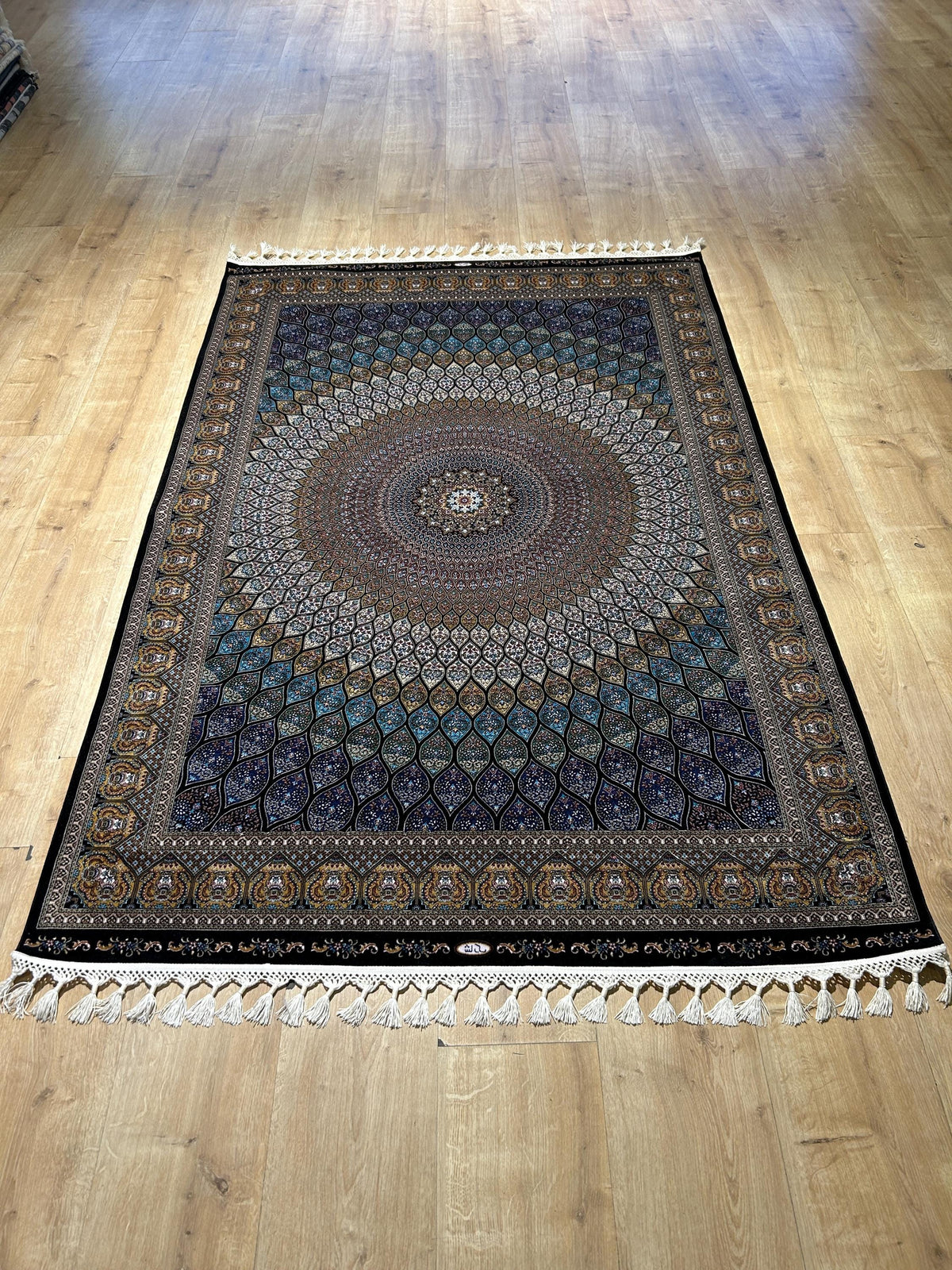 4x6 ft Blue Gold Silk Rug, Medallion Design, Classic Turkish Style Carpet, Luxury Rug