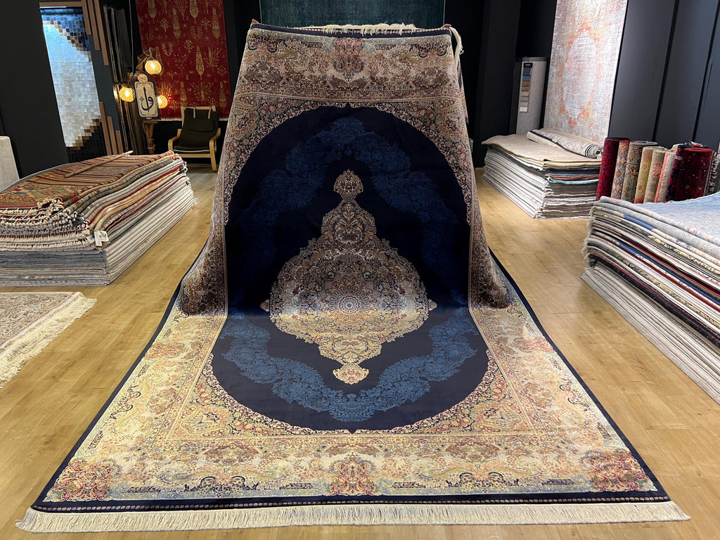 Navy Blue Modal Silk Rug 8x11, Turkish Palace Style