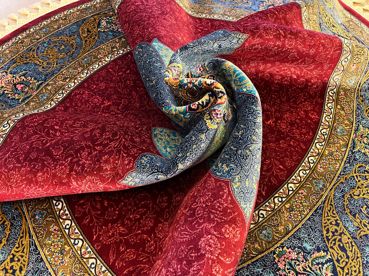 5x5 ft Round Red Silk Rug With Blue Medallion