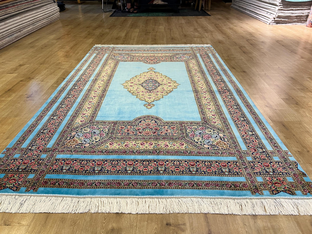 5x8 ft Blue Silk Area Rug, Floral Medallion Classic Style, Luxury Home Decor