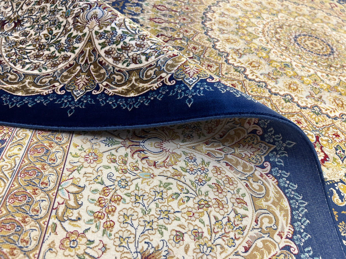 7x10 ft Blue Silk Rug, Classic Medallion Design, Luxury Turkish Style