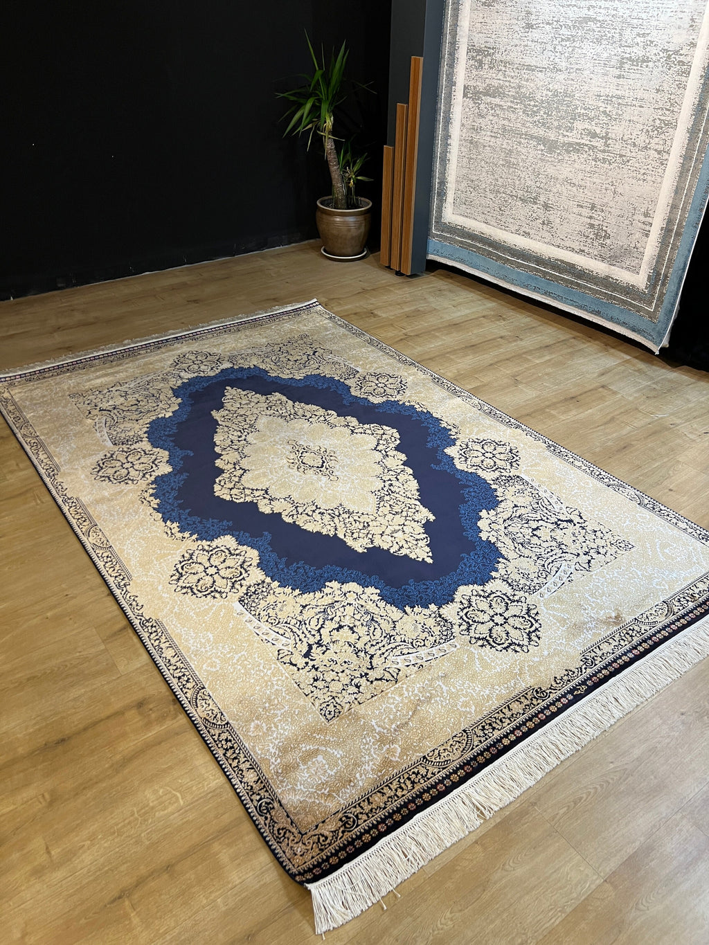 5x8 ft Dark Blue Silk Rug, Gold Medallion Design, Luxury Turkish Home Decor
