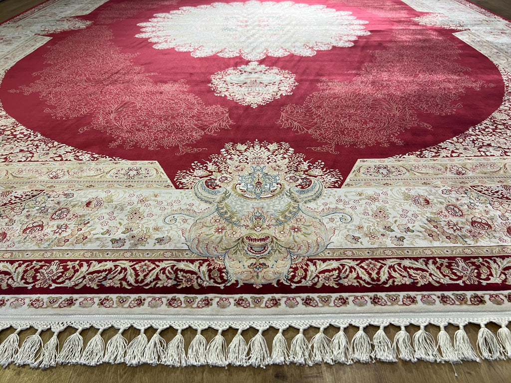 Red Bamboo Silk Rug 10x13 ft, Large Luxury Area Rug with Medallion Design