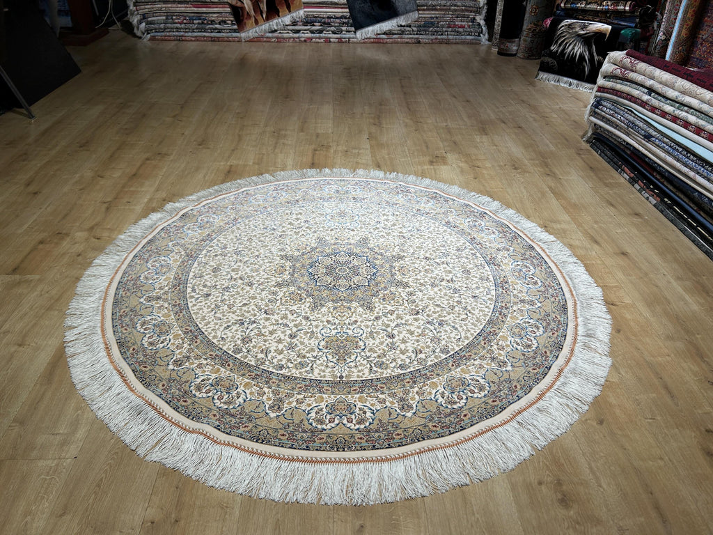 5x5 ft Ivory Blue Beige Round Silk Rug, Classic Turkish Medallion Design Carpet