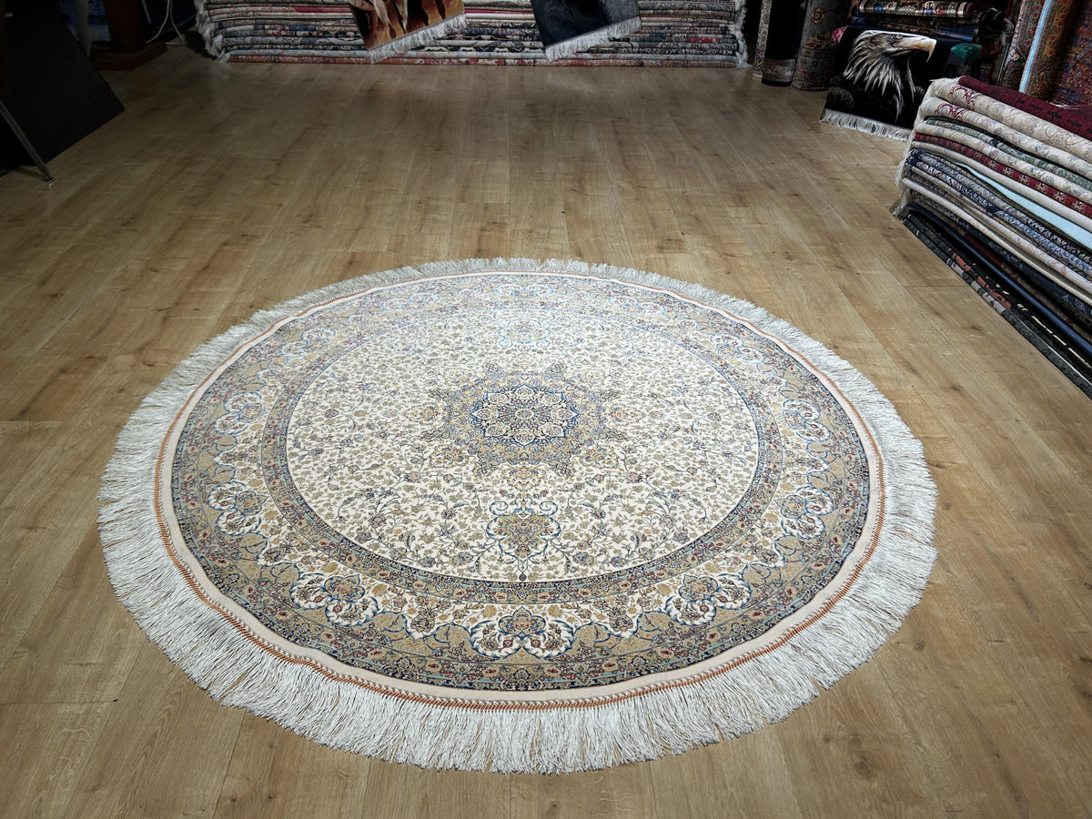 5x5 ft Ivory Blue Beige Round Silk Rug, Classic Turkish Medallion Design Carpet