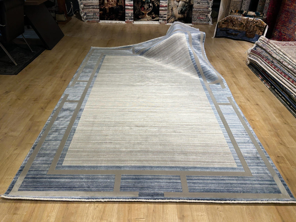 7x10 ft Blue Gray Beige Bamboo Rug, Bordered Minimalist Modern Rug, Oversize Carpet