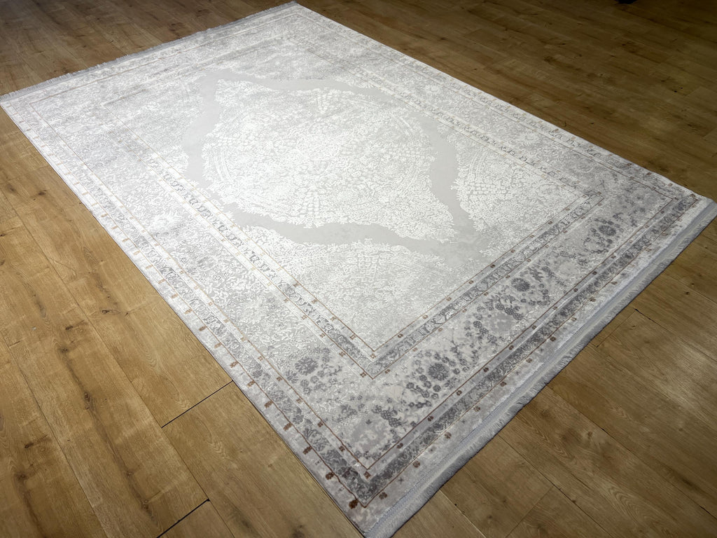 Gray Silver Bamboo Area Rug, Turkish Medallion Design Carpet (5x8 ft)