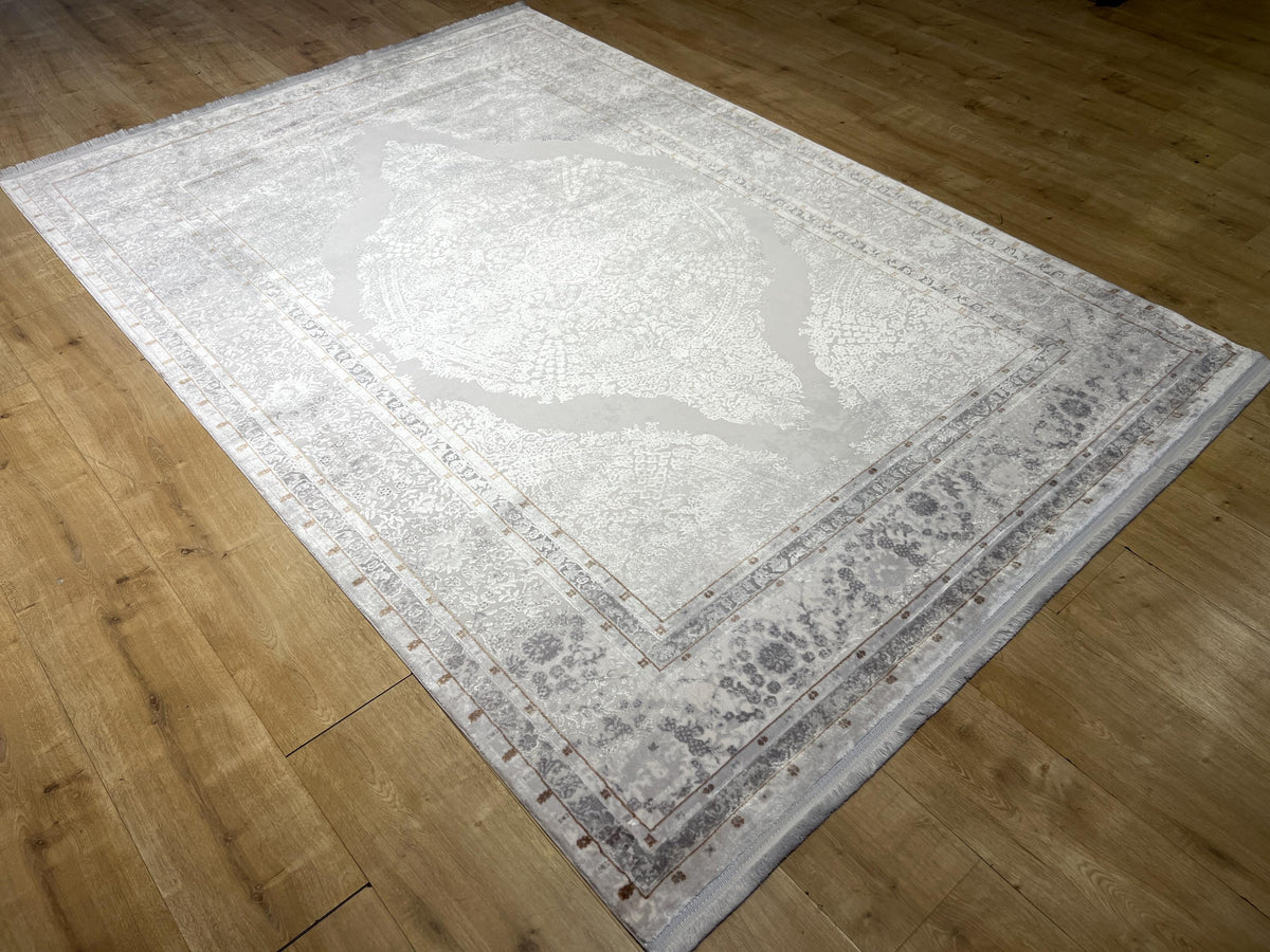 Gray Silver Bamboo Area Rug, Turkish Medallion Design Carpet (5x8 ft)