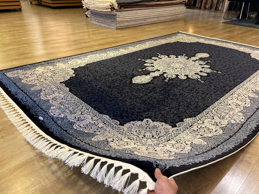7x10 ft Navy Silk Rug, Classic Medallion Design, Luxury Turkish Carpet