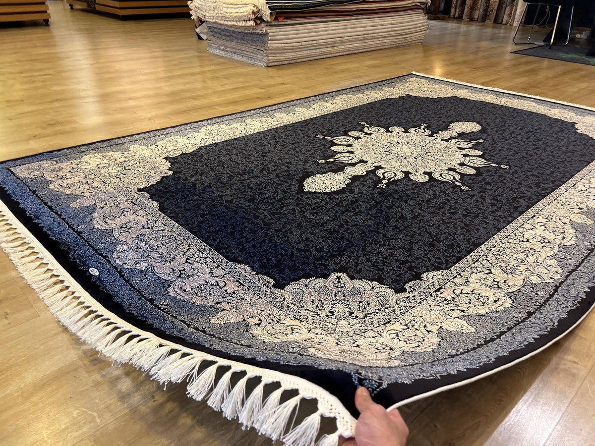 7x10 ft Navy Silk Rug, Classic Medallion Design, Luxury Turkish Carpet