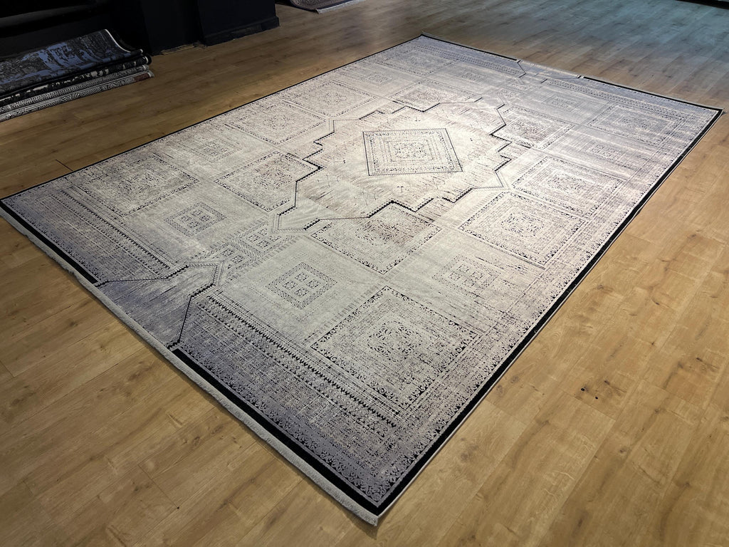 8x11 ft Gray Geometric Bamboo Rug with Ethnic Patterns, Modern Natural Carpet