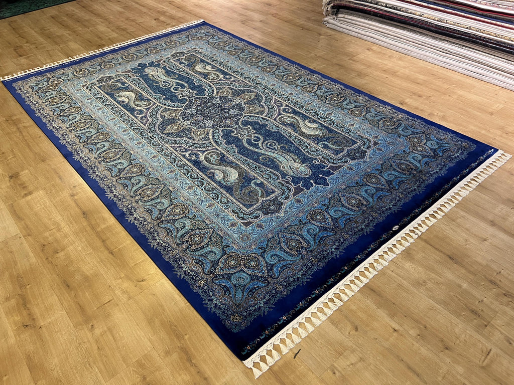 Modal Silk Rug, Dark Blue Gold Medallion Design, Luxury Turkish Carpet, Home Decor